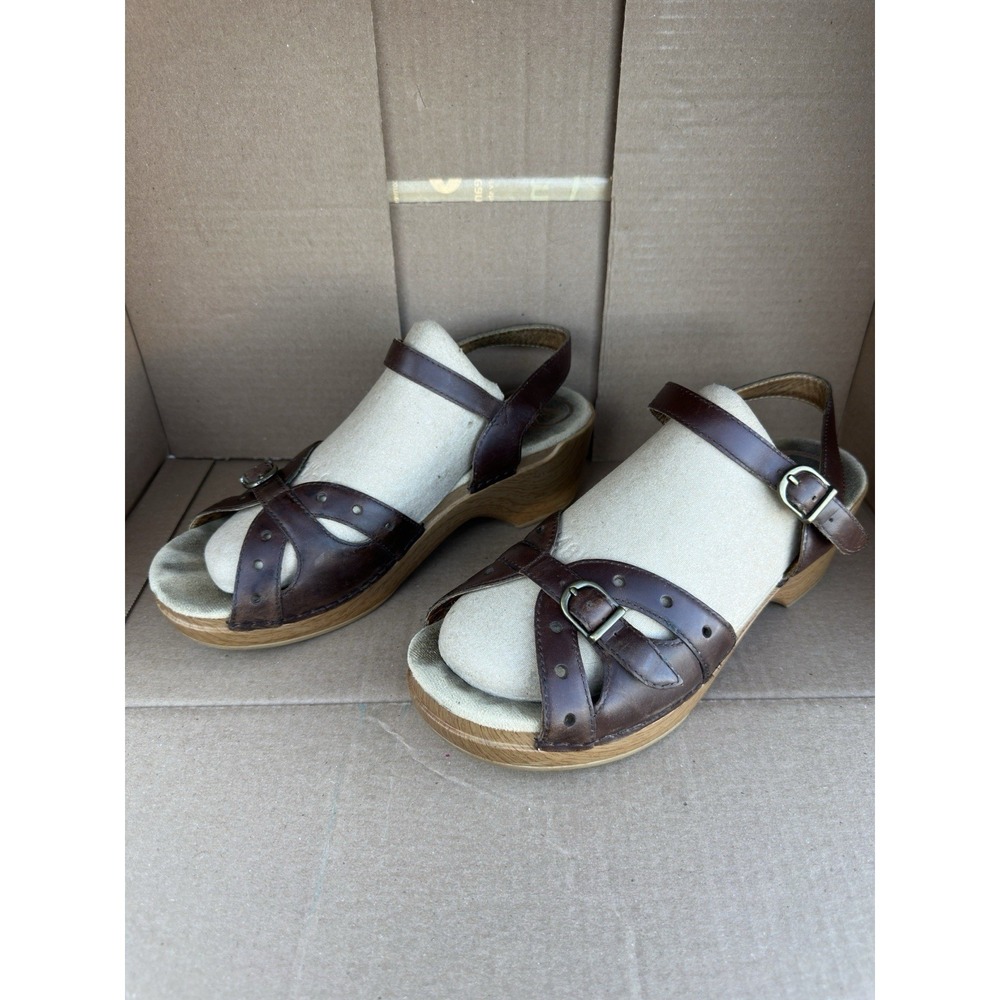 Dansko Sissy Brown Leather Buckle Clog Sandals Wood Heel EU 43 US 11.5 Women's